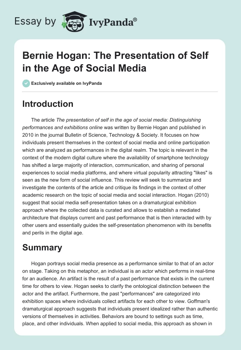 Bernie Hogan: The Presentation of Self in the Age of Social Media. Page 1