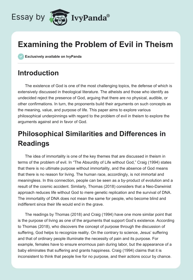 Examining the Problem of Evil in Theism. Page 1