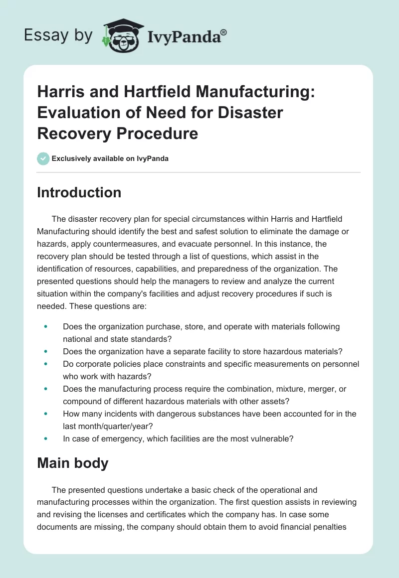 Harris and Hartfield Manufacturing: Evaluation of Need for Disaster Recovery Procedure. Page 1