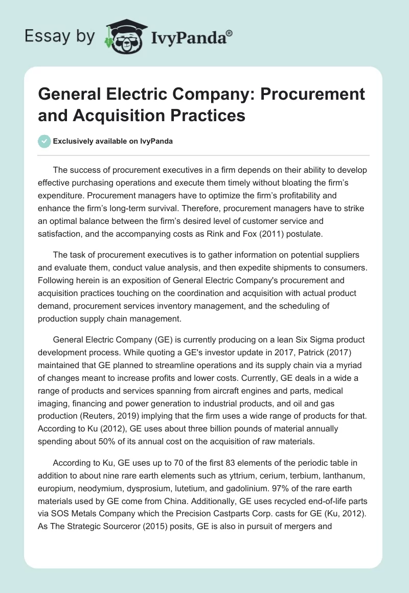 General Electric Company: Procurement and Acquisition Practices. Page 1