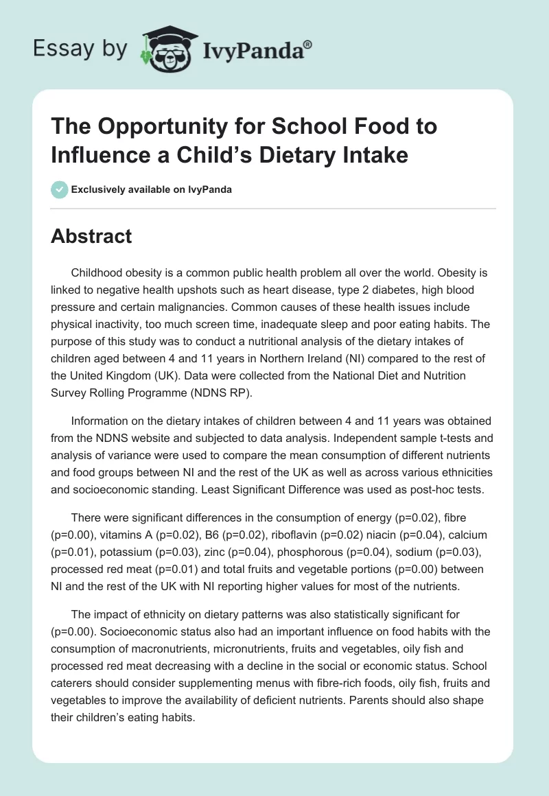 The Opportunity for School Food to Influence a Child’s Dietary Intake. Page 1