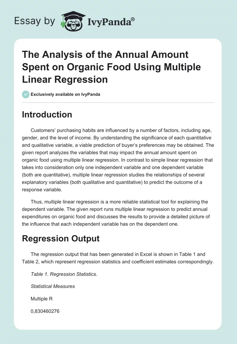 The Analysis of the Annual Amount Spent on Organic Food Using Multiple Linear Regression. Page 1