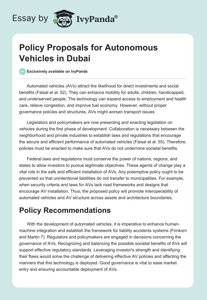 Policy Proposals for Autonomous Vehicles in Dubai. Page 1