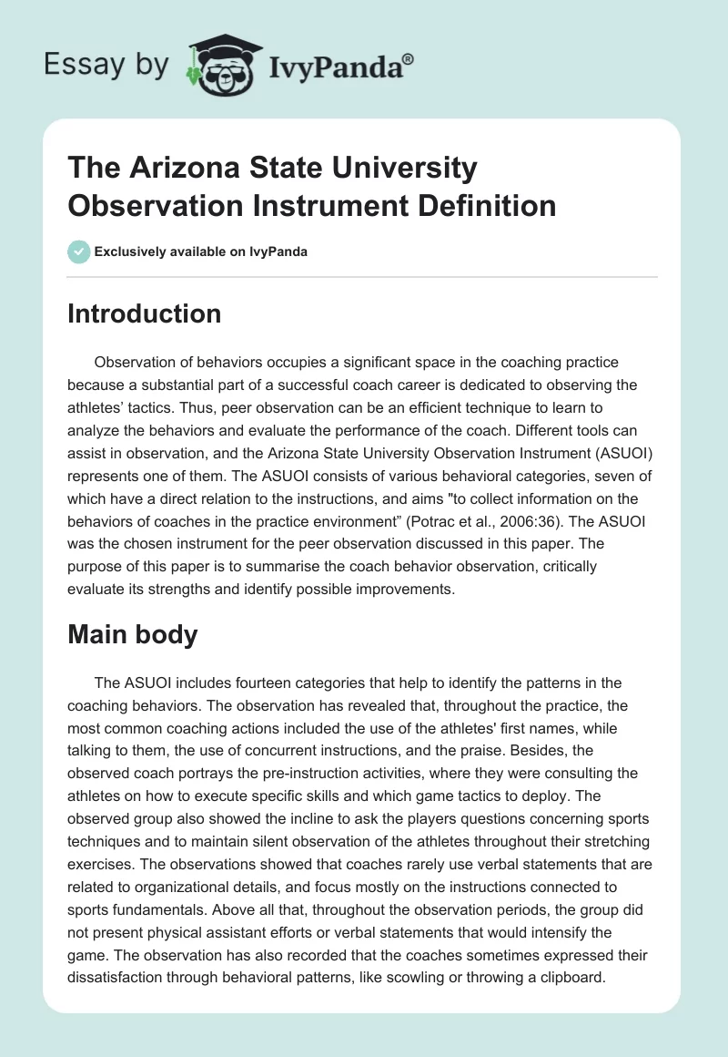 The Arizona State University Observation Instrument Definition. Page 1