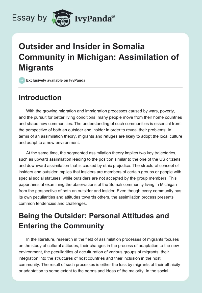 Outsider and Insider in Somalia Community in Michigan: Assimilation of Migrants. Page 1