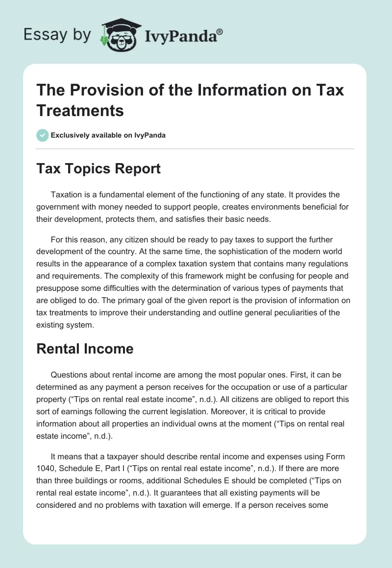 The Provision of the Information on Tax Treatments. Page 1