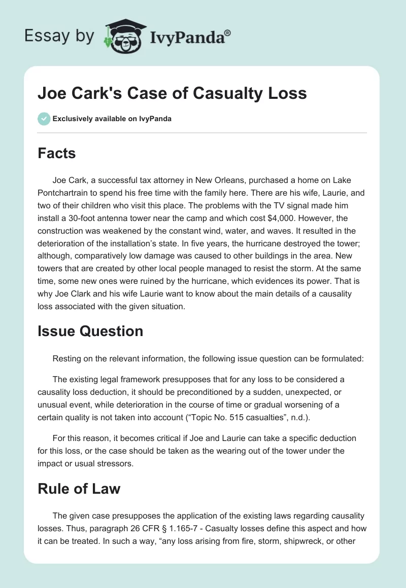 Joe Cark's Case of Casualty Loss. Page 1