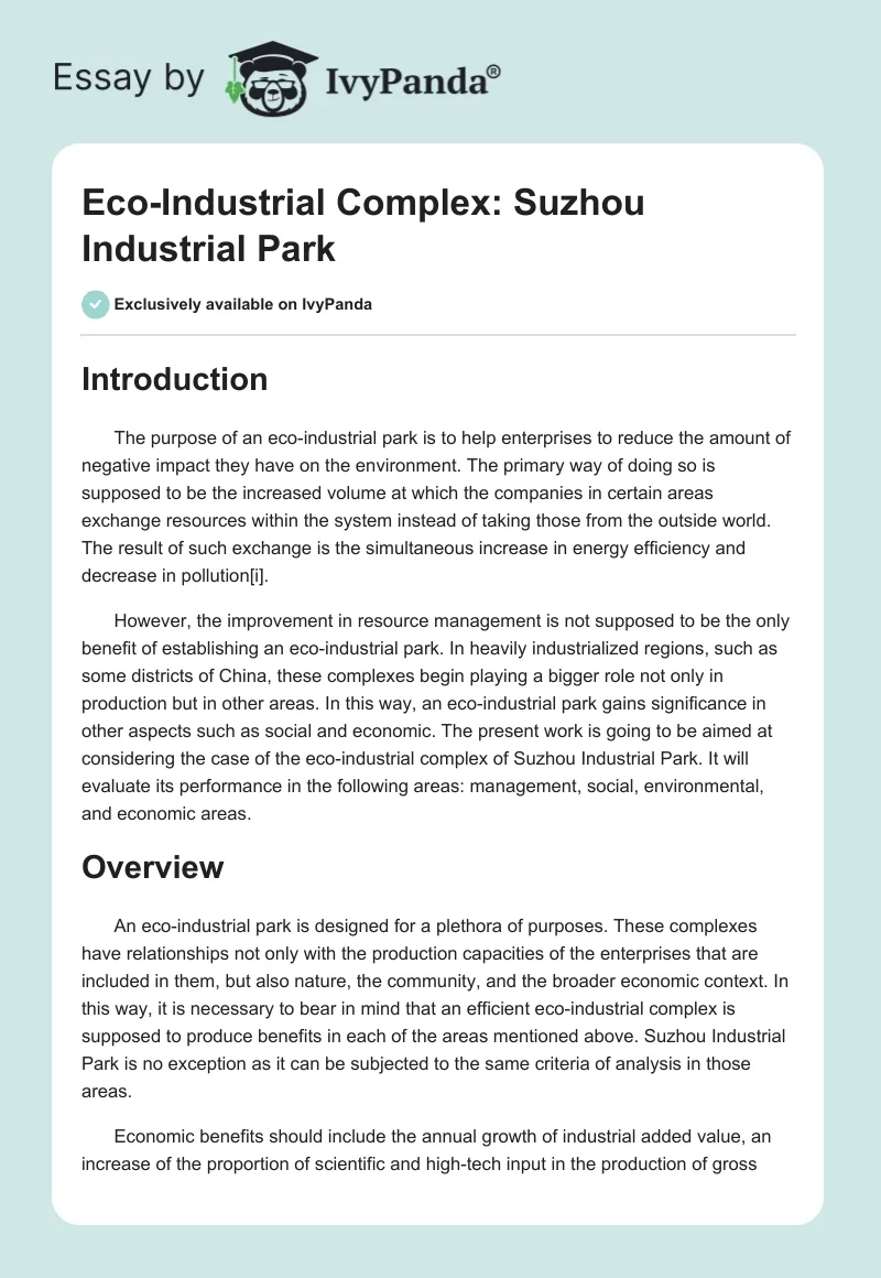 Eco-Industrial Complex: Suzhou Industrial Park. Page 1