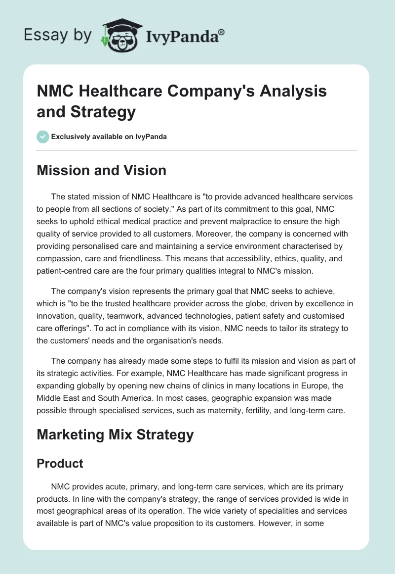 NMC Healthcare Company's Analysis and Strategy. Page 1