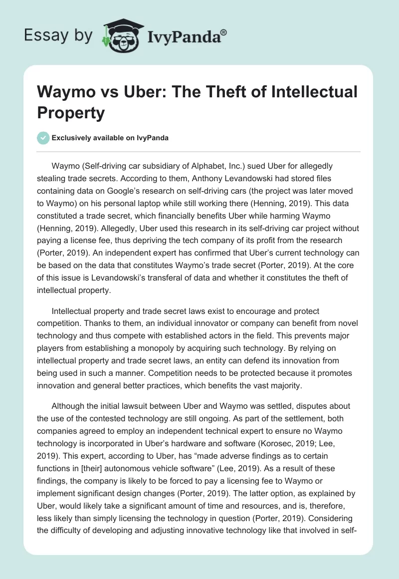 Waymo vs Uber: The Theft of Intellectual Property. Page 1