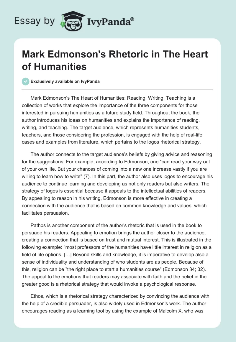 Mark Edmonson's Rhetoric in "The Heart of Humanities". Page 1