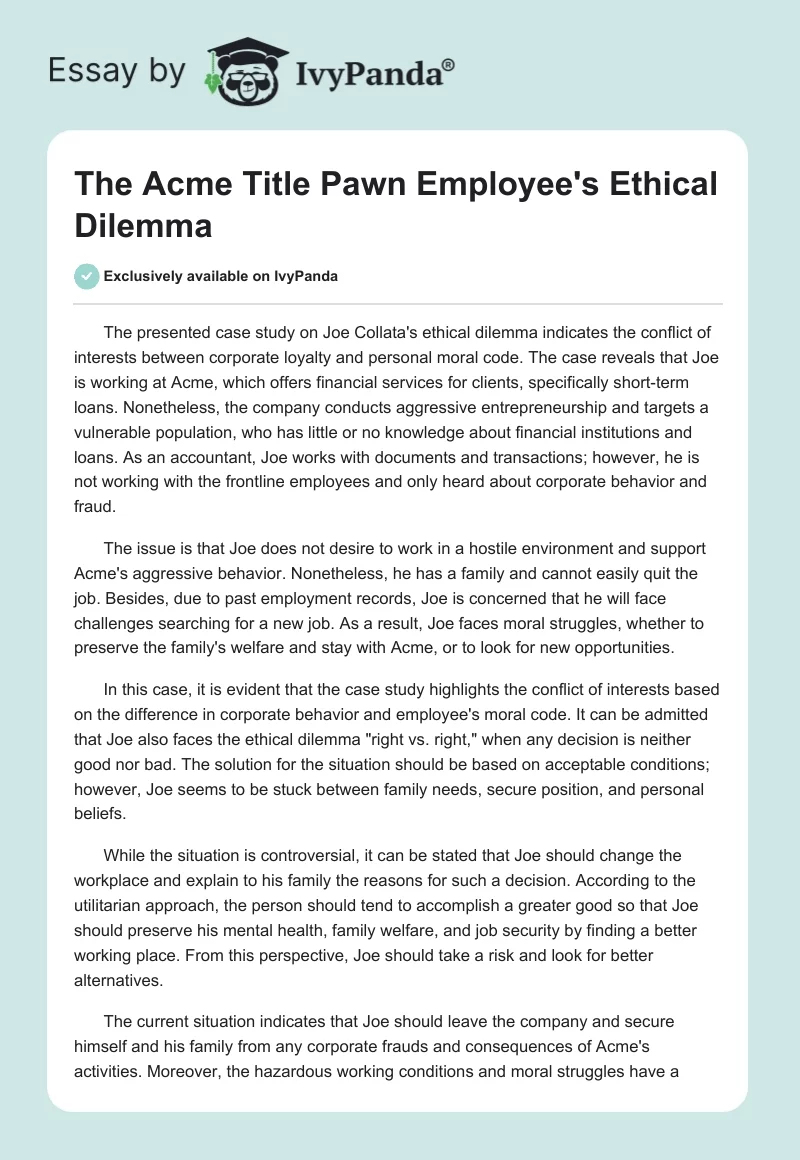 The Acme Title Pawn Employee's Ethical Dilemma. Page 1