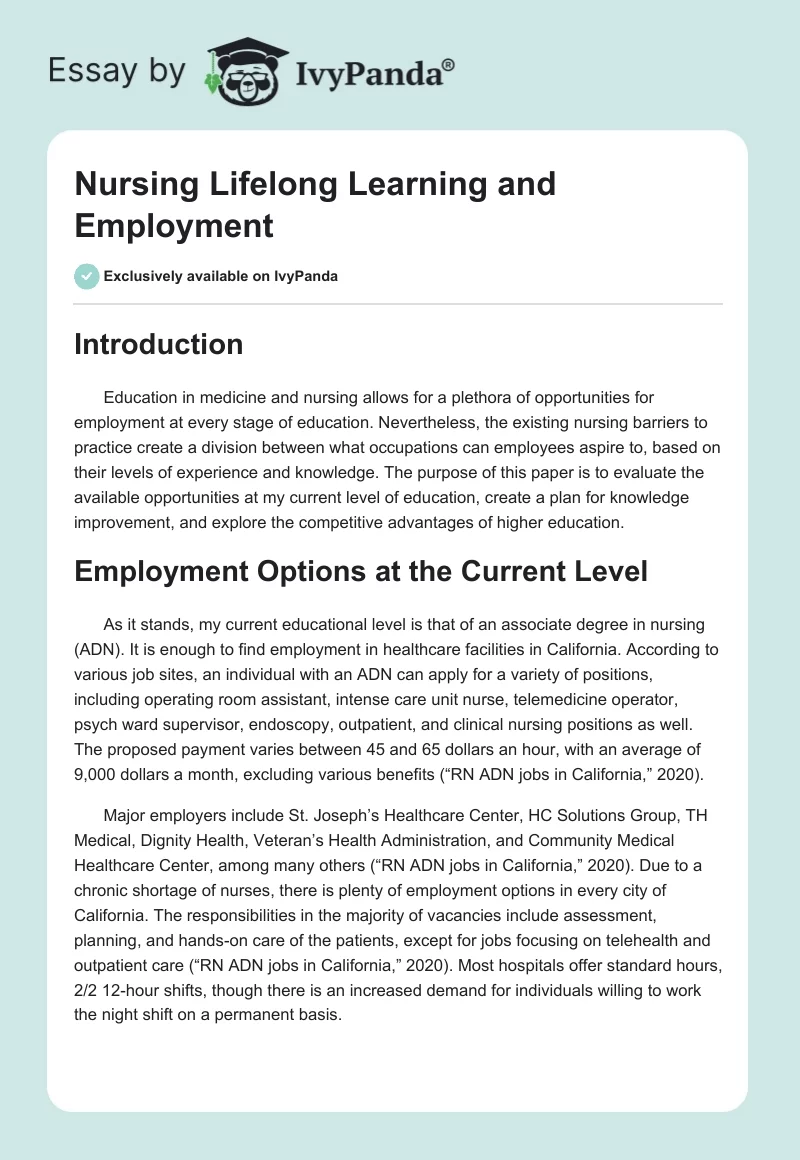 Nursing Lifelong Learning and Employment. Page 1