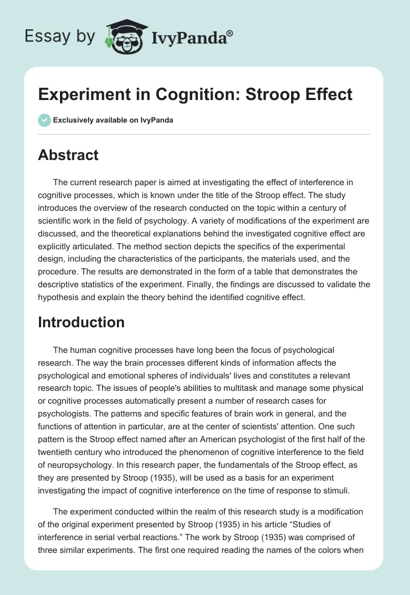 Experiment in Cognition: Stroop Effect. Page 1