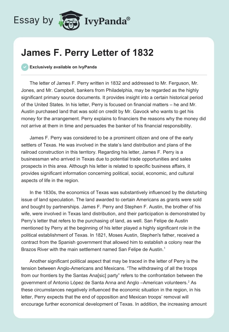 James F. Perry Letter of 1832. Page 1