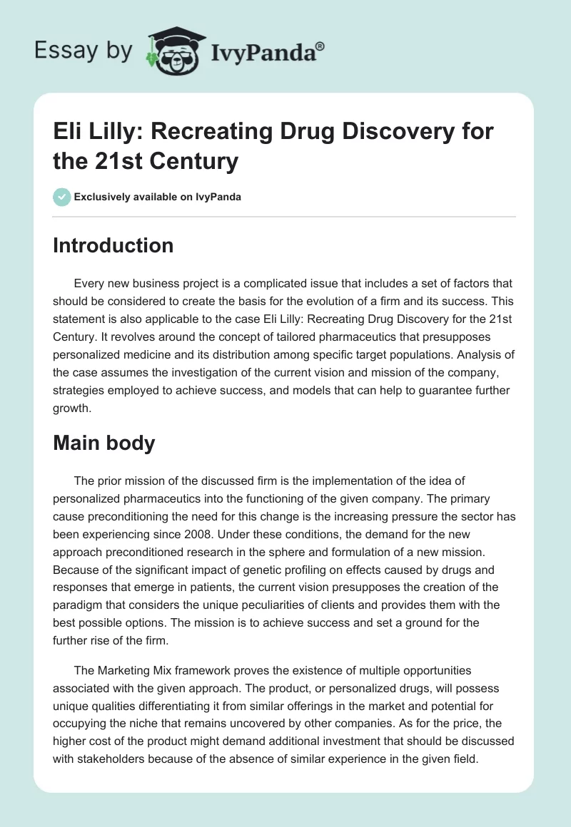 Eli Lilly: Recreating Drug Discovery for the 21st Century. Page 1
