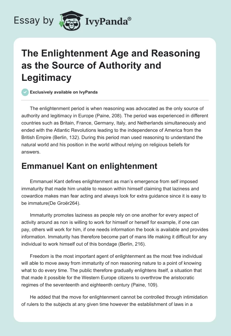 The Enlightenment Age and Reasoning as the Source of Authority and Legitimacy. Page 1