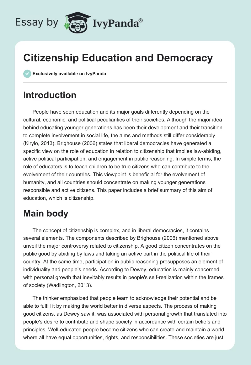Citizenship Education and Democracy. Page 1