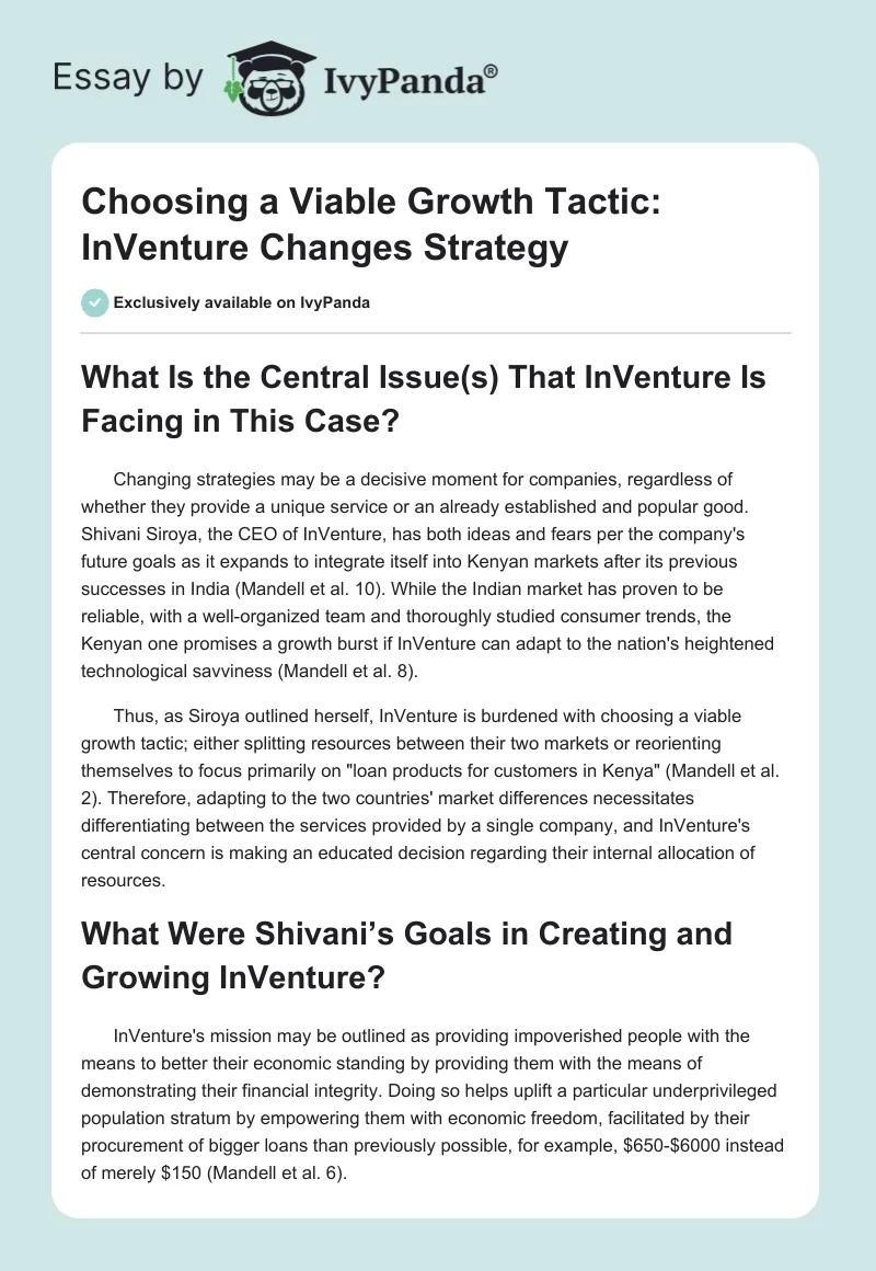 Choosing a Viable Growth Tactic: InVenture Changes Strategy. Page 1