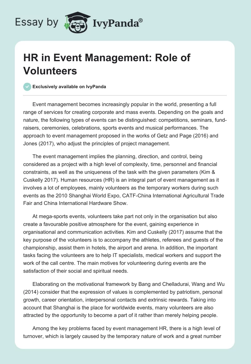HR in Event Management: Role of Volunteers. Page 1