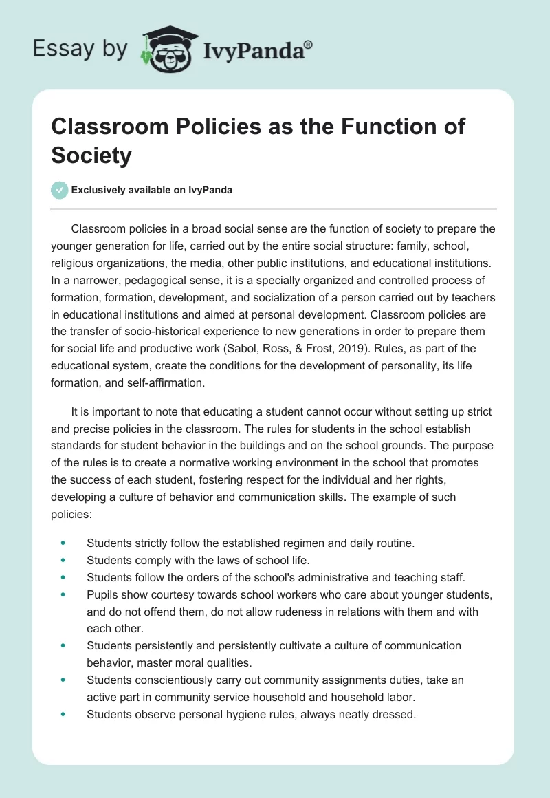 Classroom Policies as the Function of Society. Page 1