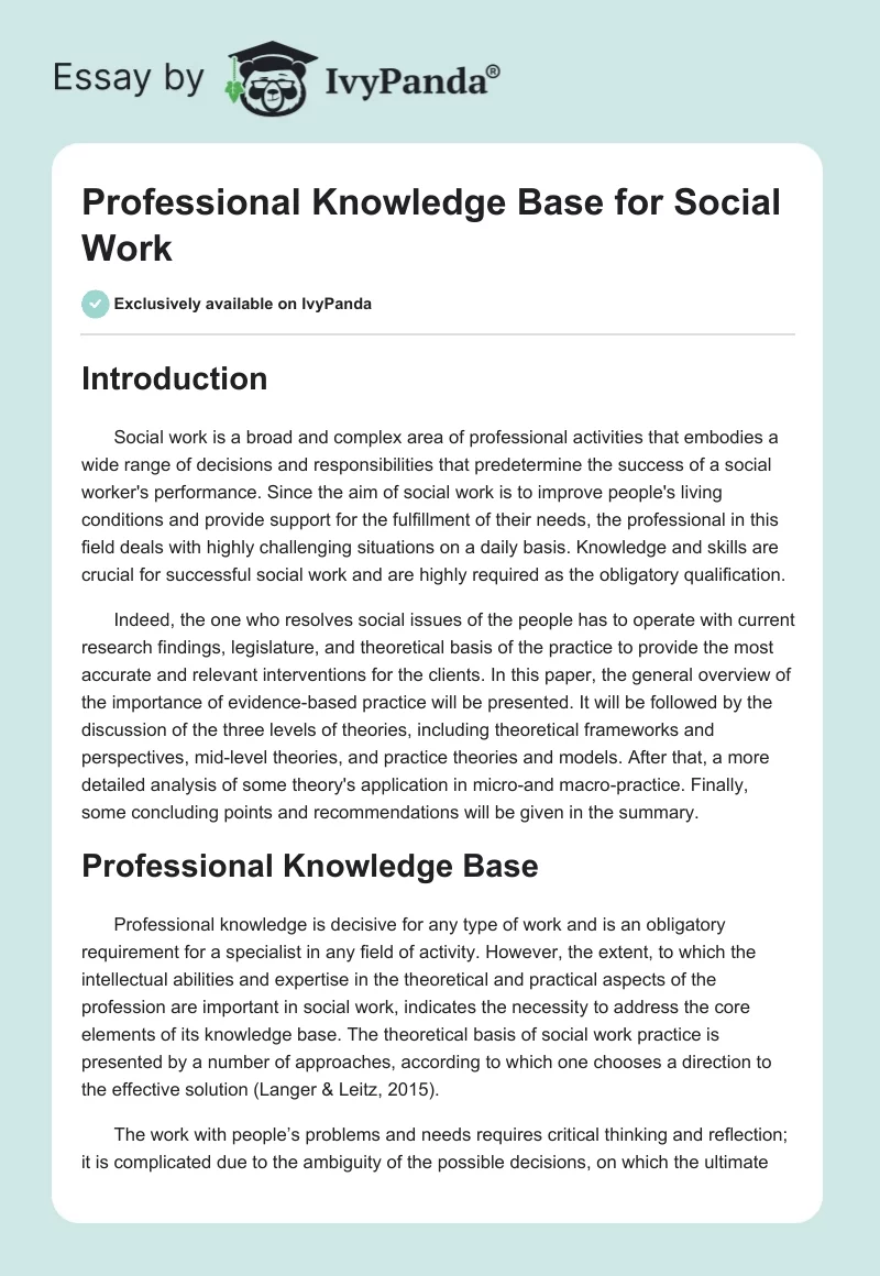 Professional Knowledge Base for Social Work. Page 1
