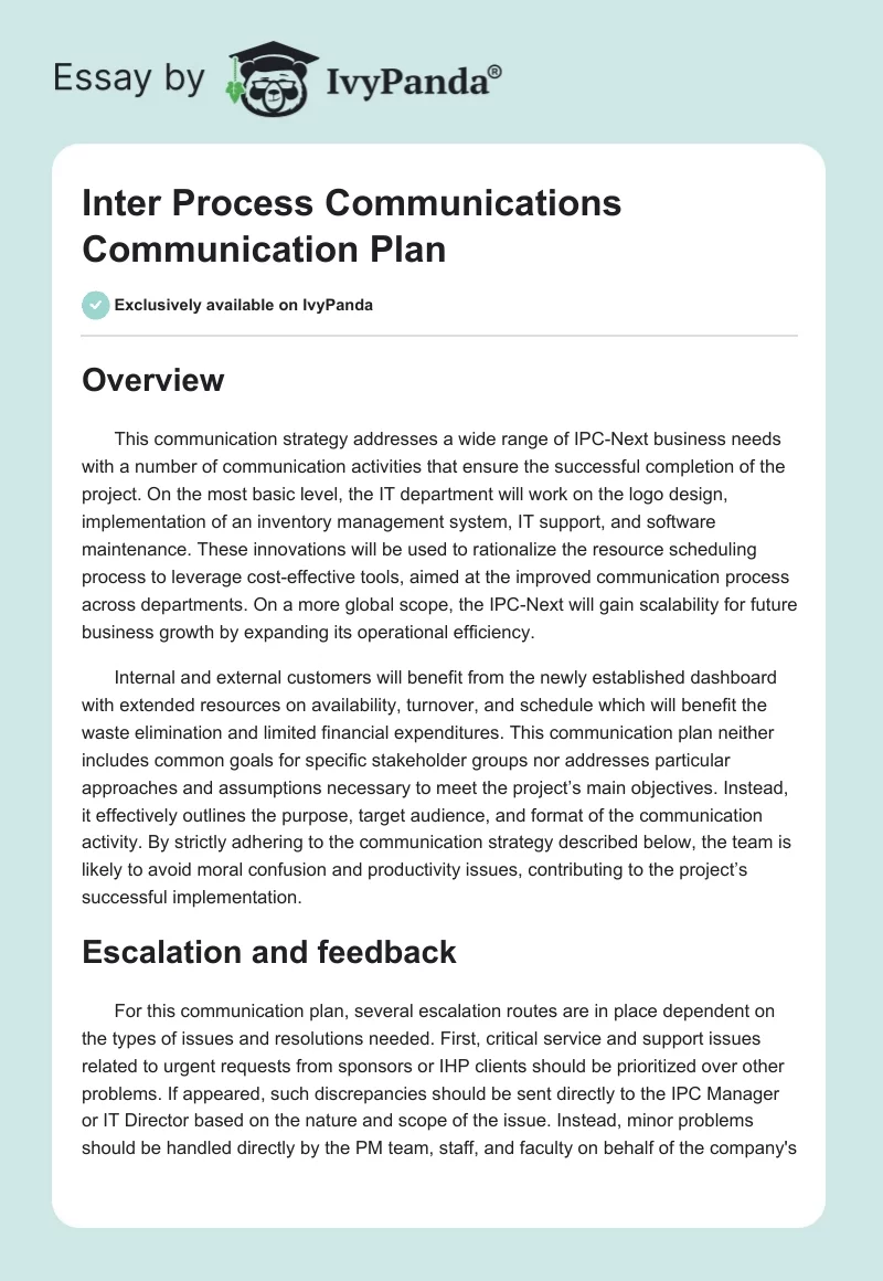 Inter Process Communications Communication Plan. Page 1