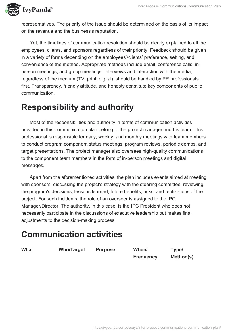 Inter Process Communications Communication Plan. Page 2