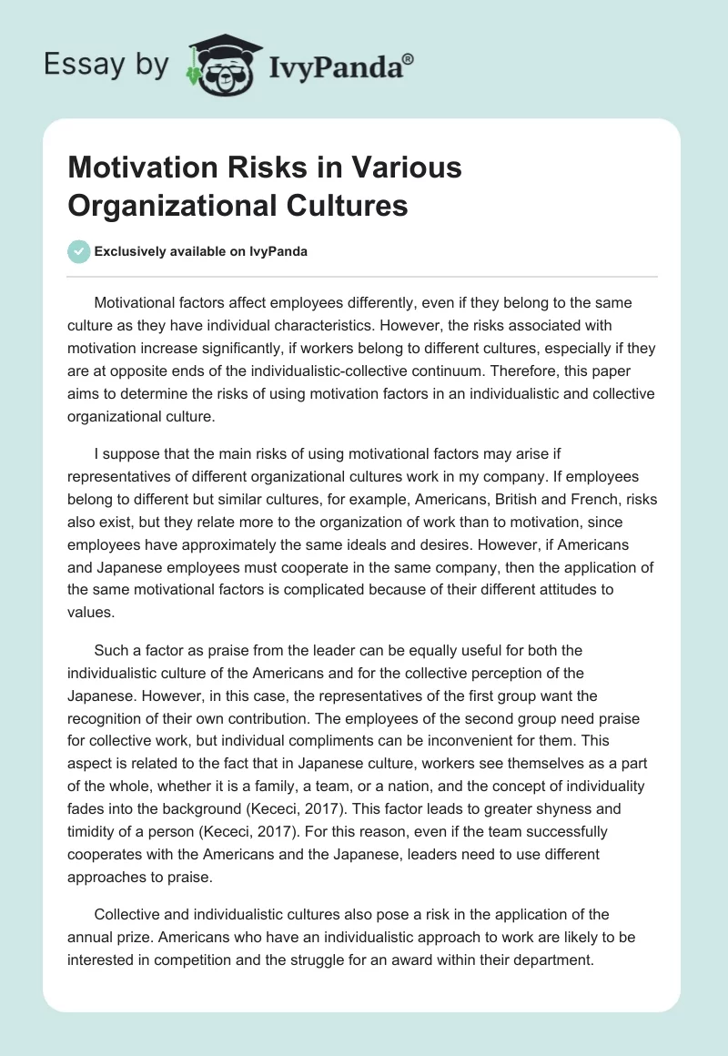 Motivation Risks in Various Organizational Cultures. Page 1
