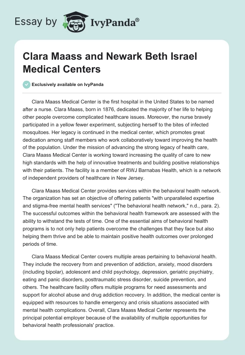 Clara Maass and Newark Beth Israel Medical Centers. Page 1