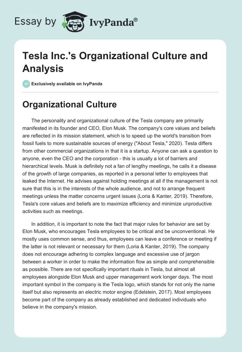 Tesla Inc.'s Organizational Culture and Analysis. Page 1