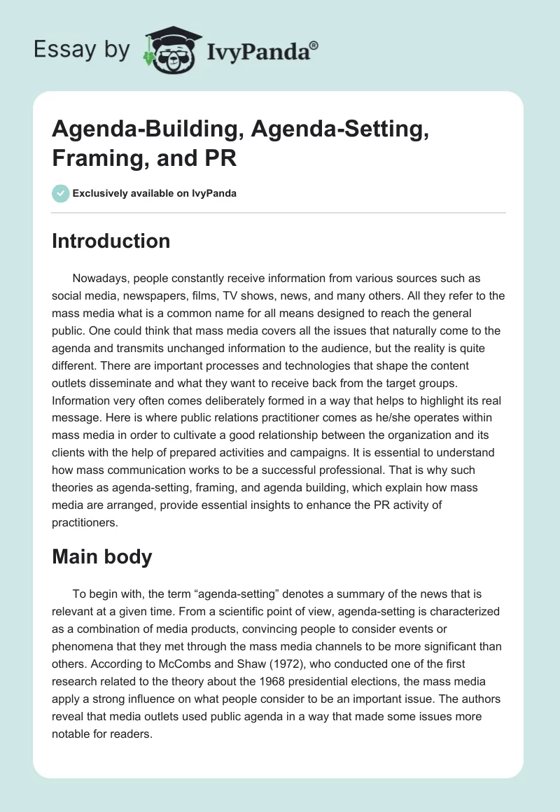 Agenda-Building, Agenda-Setting, Framing, and PR. Page 1
