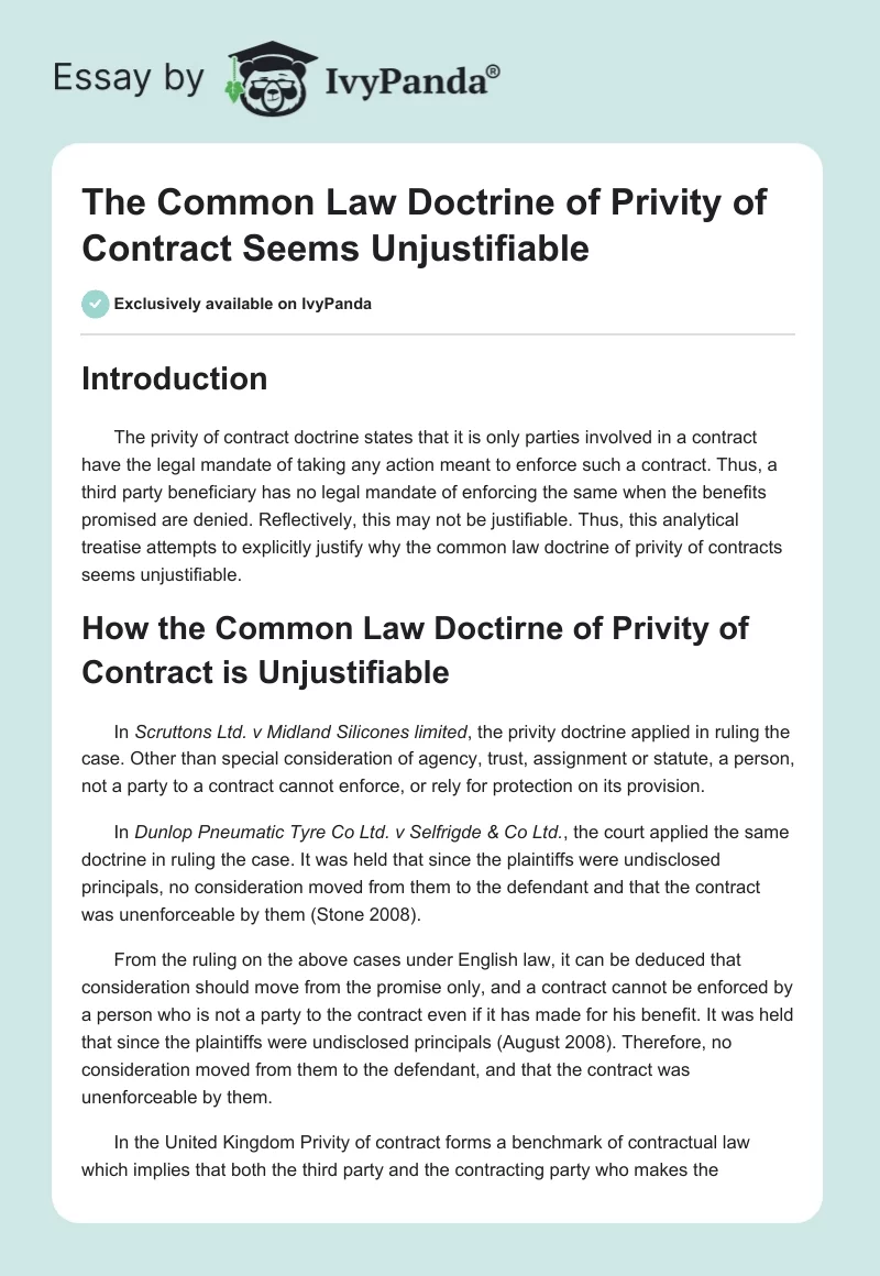 The Common Law Doctrine of Privity of Contract Seems Unjustifiable. Page 1