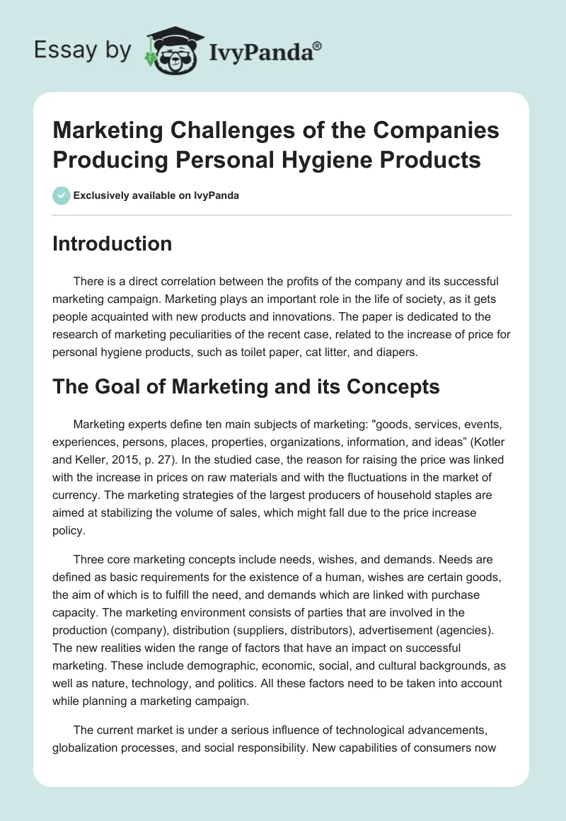 Marketing Challenges of the Companies Producing Personal Hygiene Products. Page 1