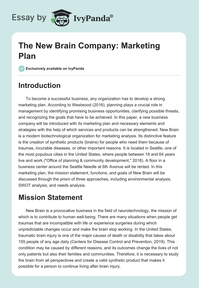 The New Brain Company: Marketing Plan. Page 1