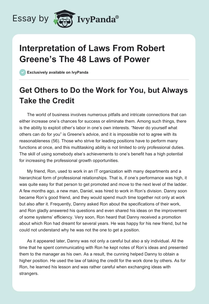 Interpretation of Laws From Robert Greene’s "The 48 Laws of Power". Page 1