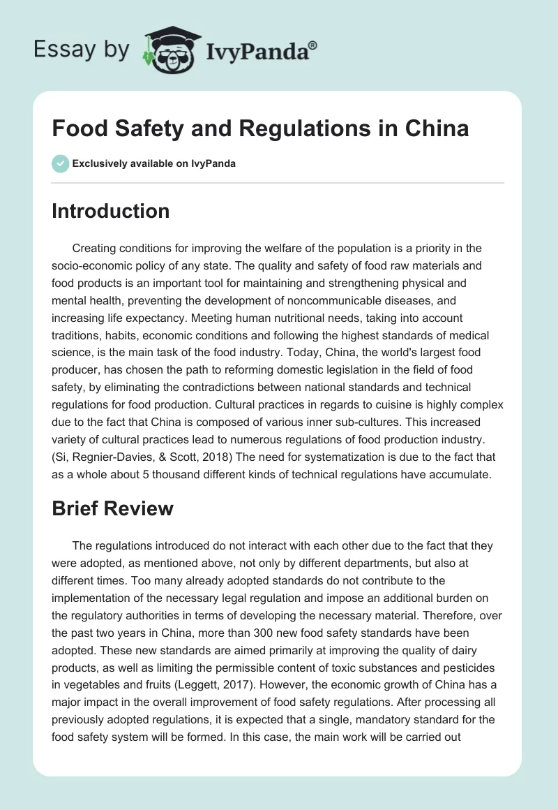 Food Safety and Regulations in China. Page 1