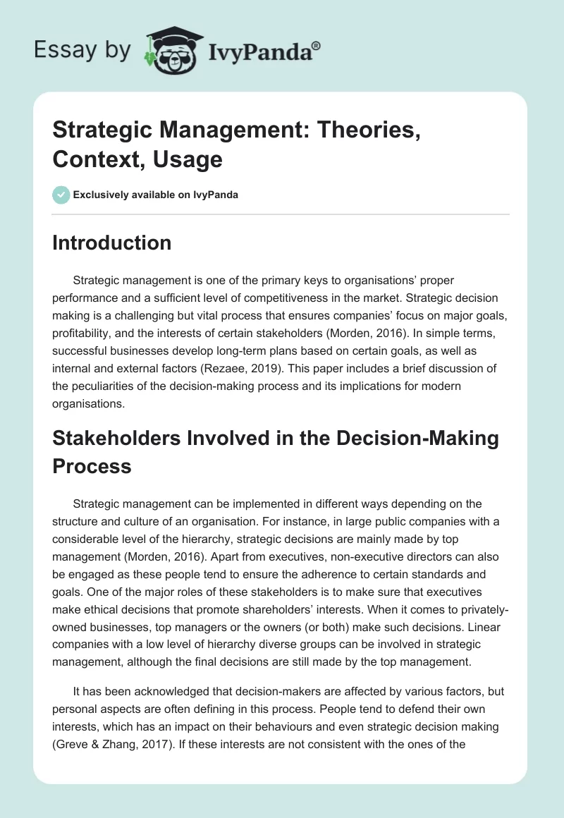 Strategic Management: Theories, Context, Usage. Page 1