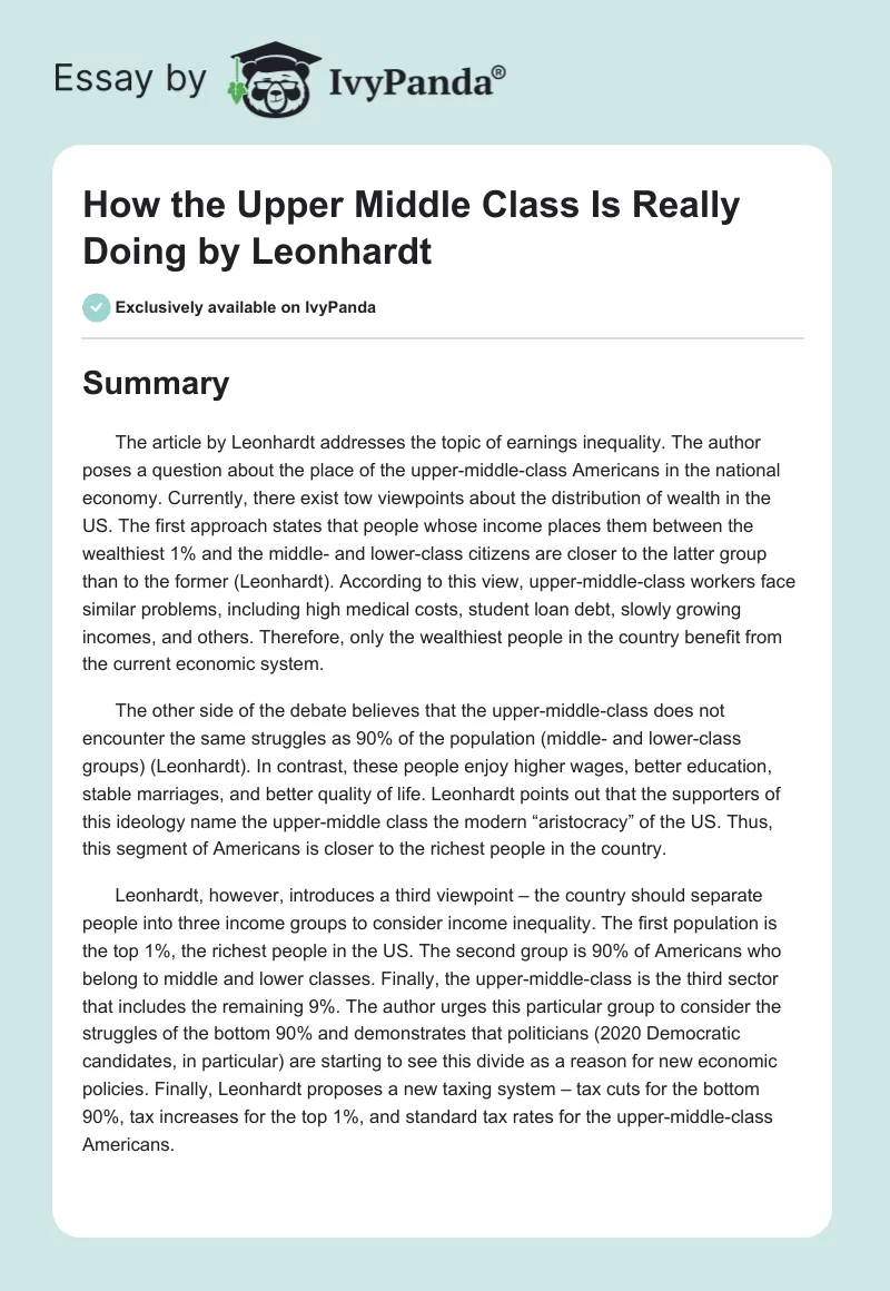 "How the Upper Middle Class Is Really Doing" by Leonhardt. Page 1