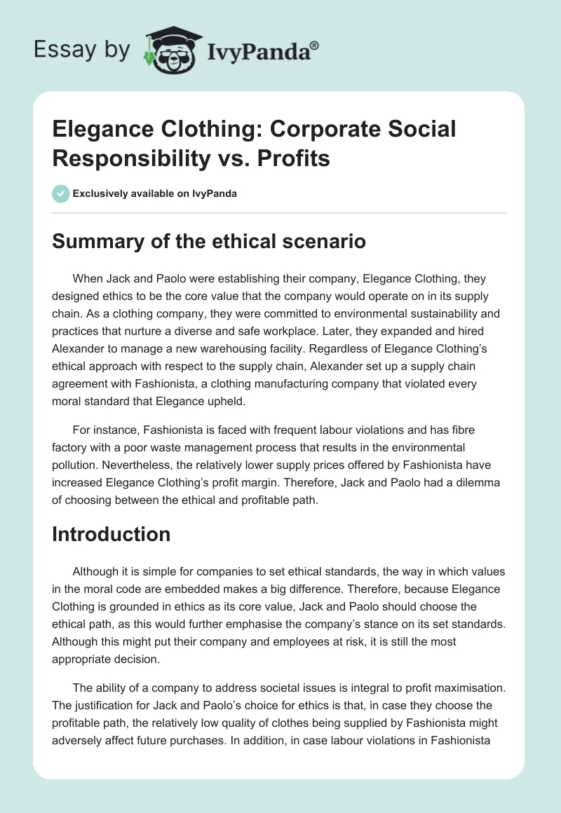 Elegance Clothing: Corporate Social Responsibility vs. Profits. Page 1