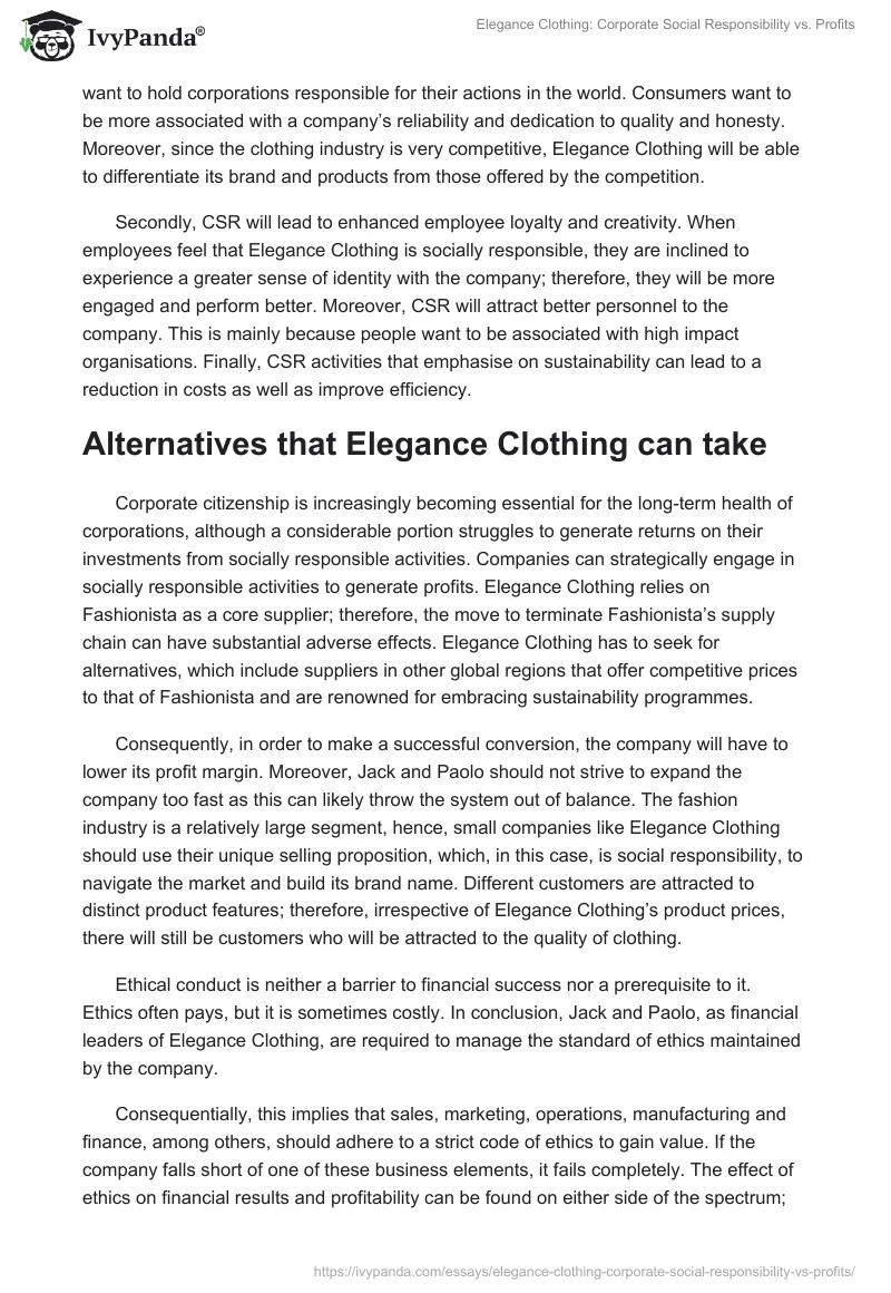 Elegance Clothing: Corporate Social Responsibility vs. Profits. Page 3
