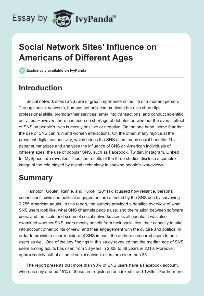 Social Network Sites' Influence on Americans of Different Ages. Page 1