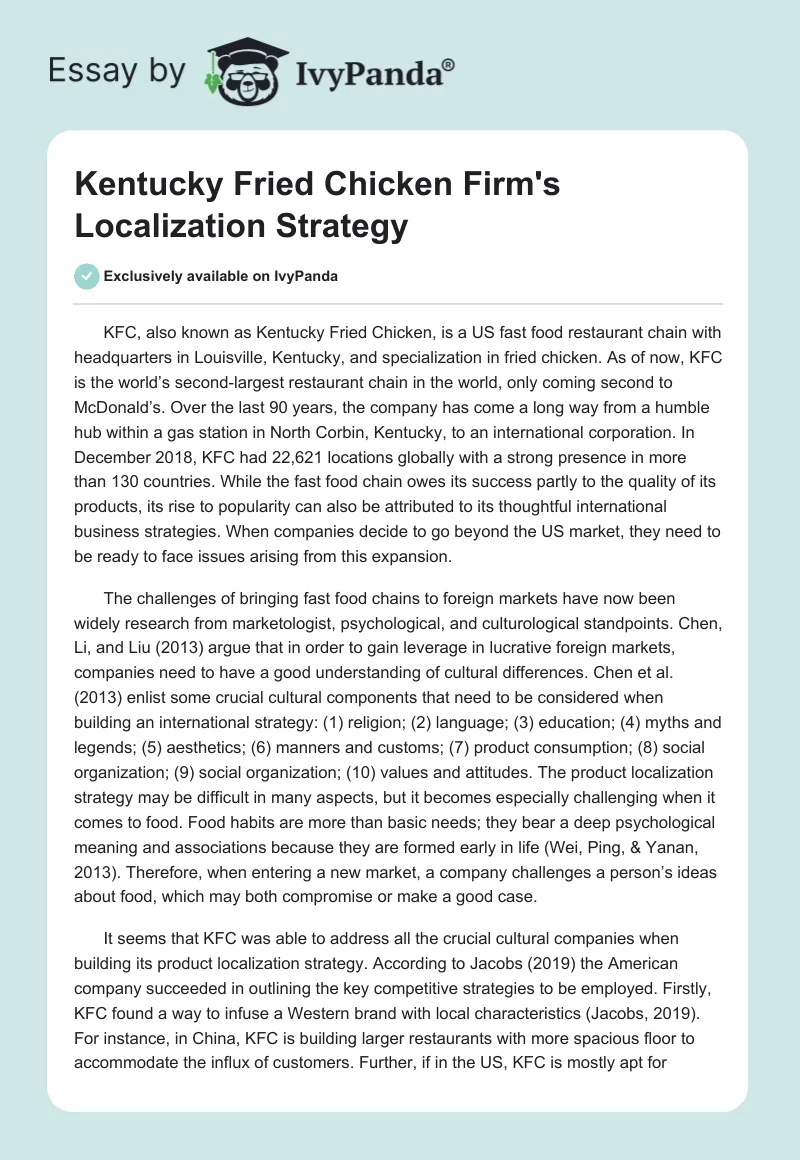 Kentucky Fried Chicken Firm's Localization Strategy. Page 1