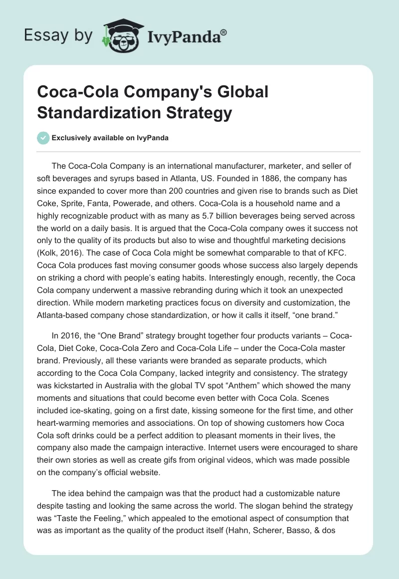 Coca-Cola Company's Global Standardization Strategy. Page 1