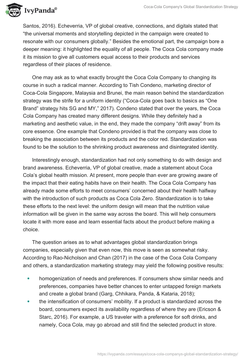 Coca-Cola Company's Global Standardization Strategy. Page 2