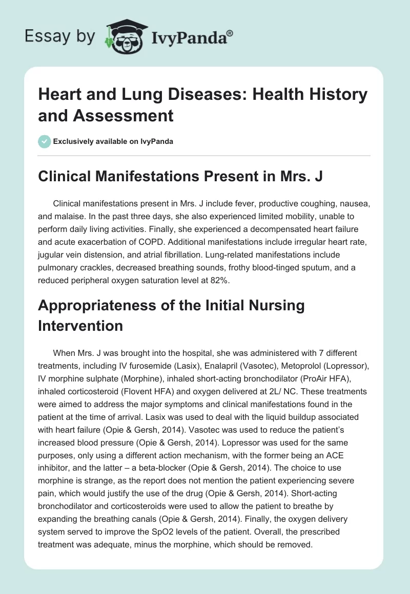 Heart and Lung Diseases: Health History and Assessment. Page 1