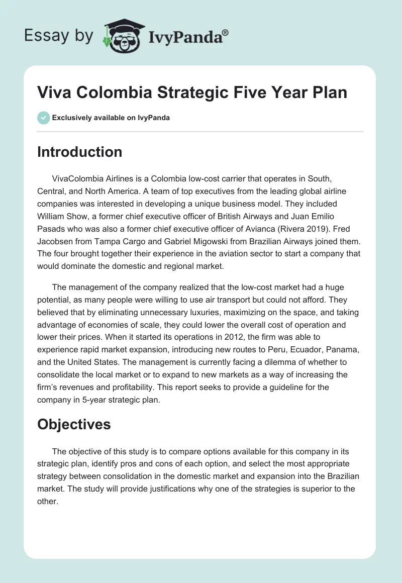Viva Colombia Strategic Five Year Plan. Page 1