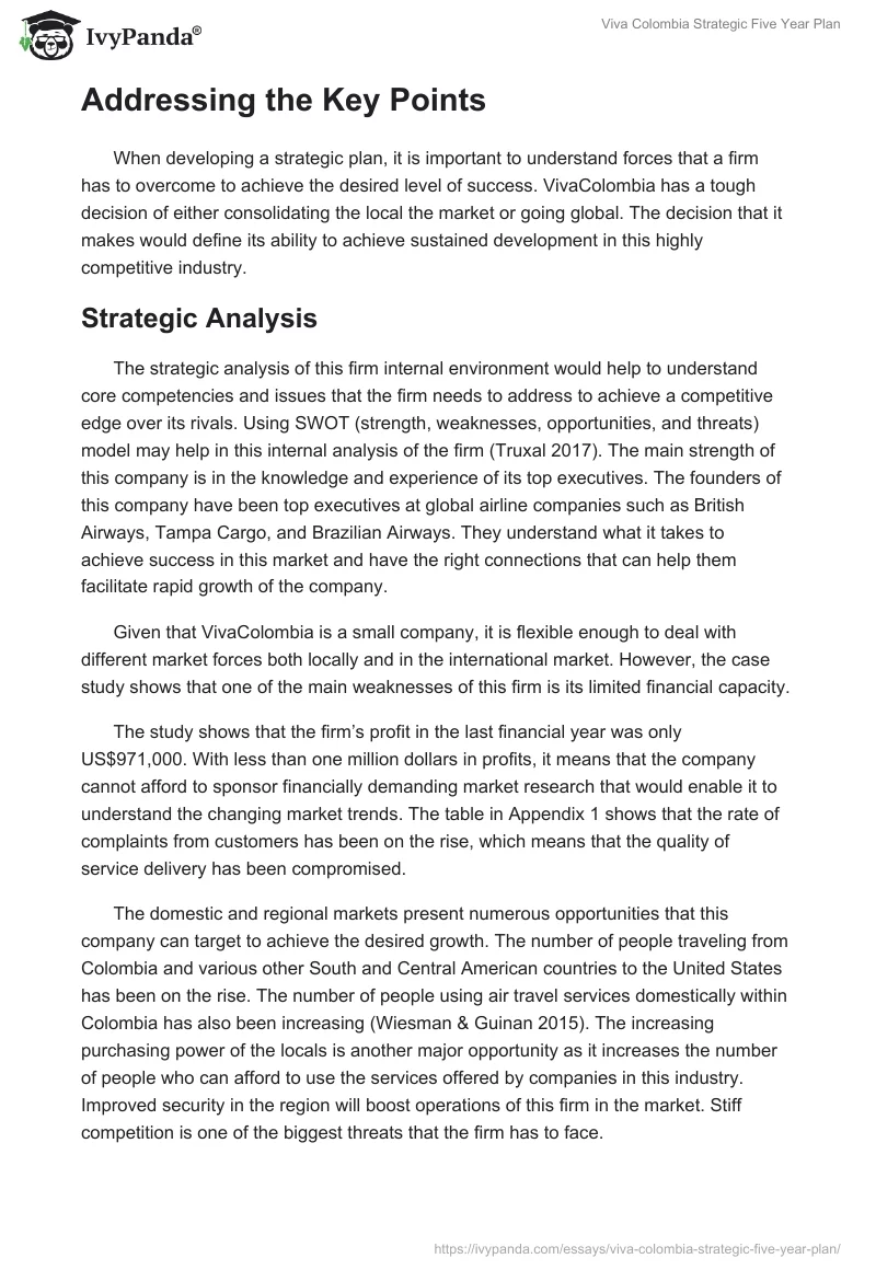 Viva Colombia Strategic Five Year Plan. Page 2