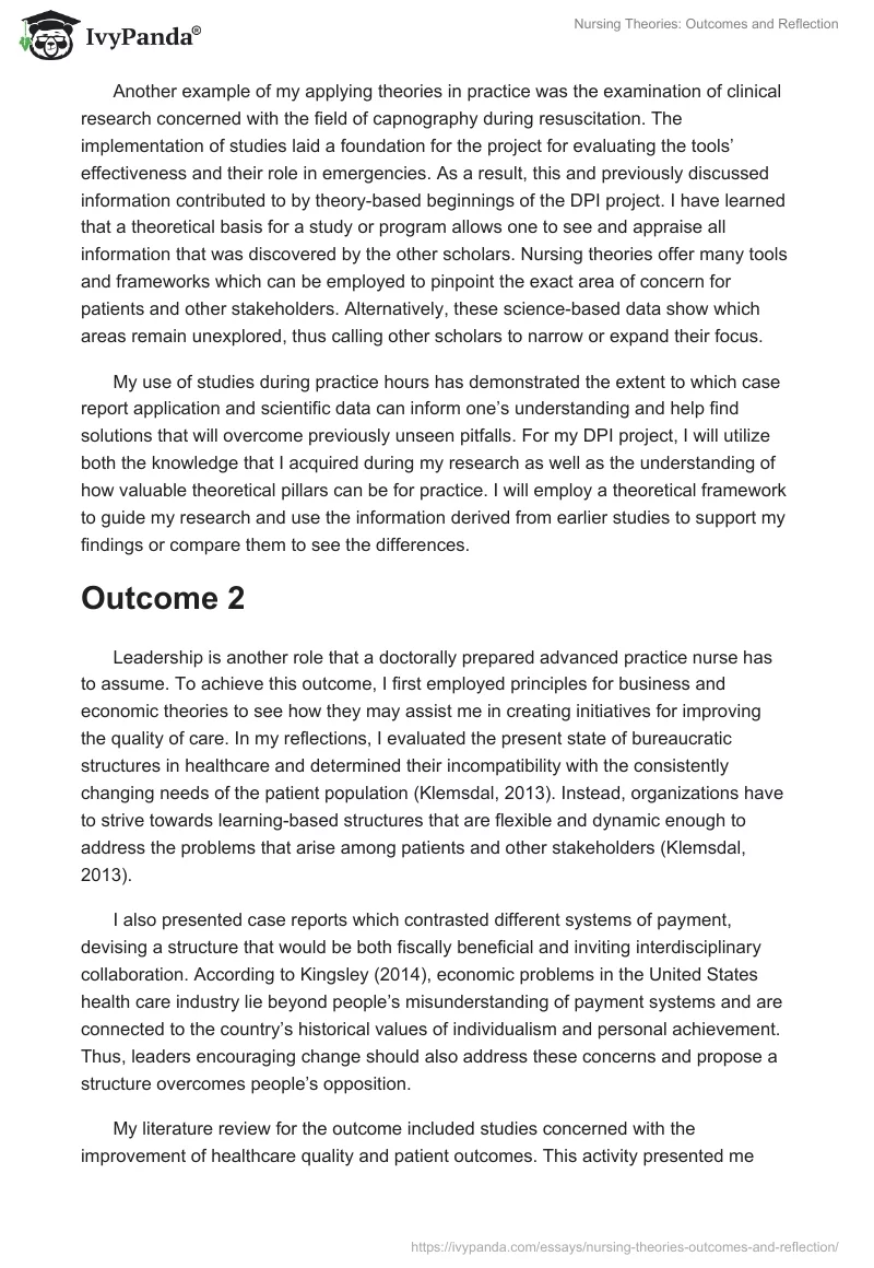 Nursing Theories: Outcomes and Reflection. Page 2