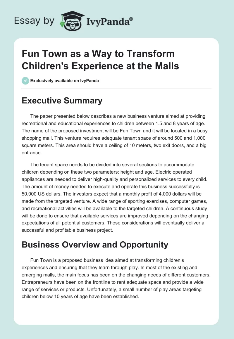 Fun Town as a Way to Transform Children's Experience at the Malls. Page 1